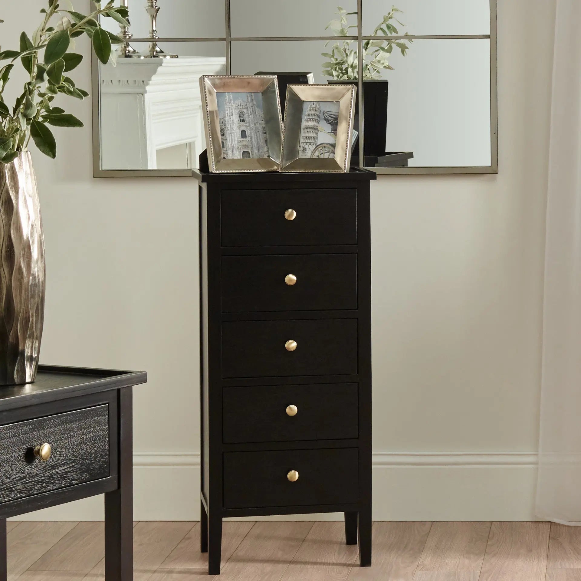 Chelmsford Satin Black Pine Wood 5 Drawer Tall Unit  Nicholas John Interiors