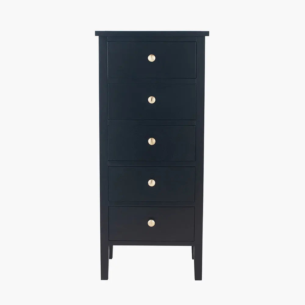 Chelmsford Satin Black Pine Wood 5 Drawer Tall Unit  Nicholas John Interiors