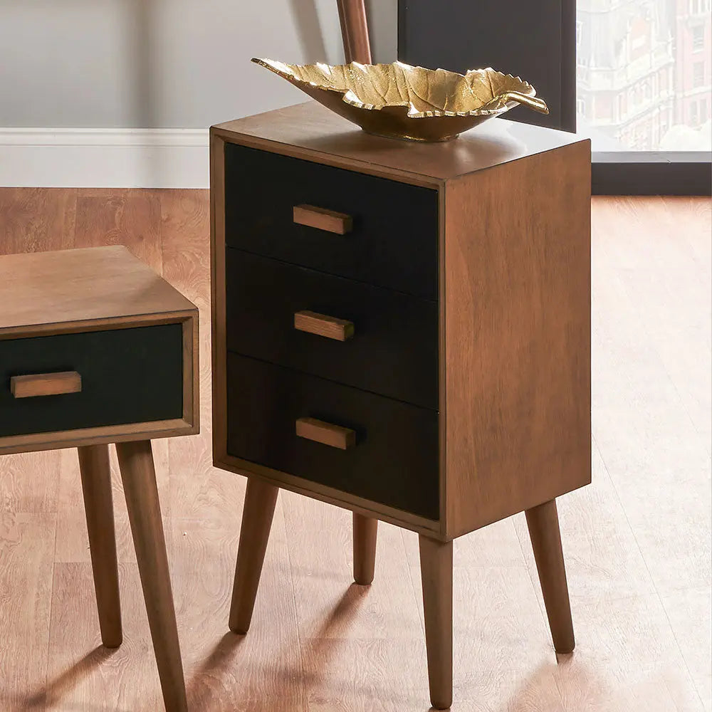 Klee Black Pine Wood 3 Drawer Bedside  Nicholas John Interiors
