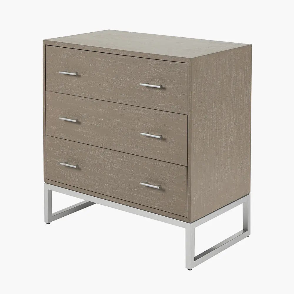 Ambroso Grey Wash Mango Wood and Silver Metal 3 Drawer Unit  Nicholas John Interiors