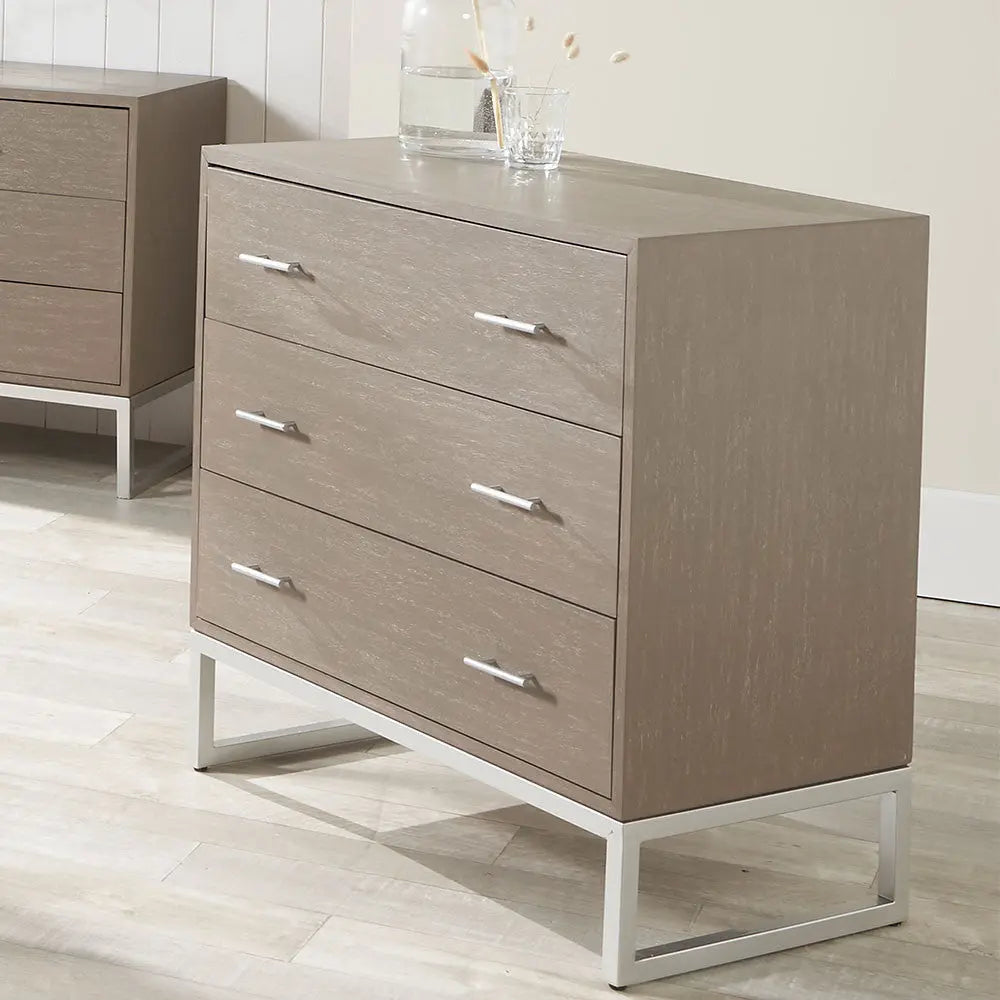 Ambroso Grey Wash Mango Wood and Silver Metal 3 Drawer Unit  Nicholas John Interiors