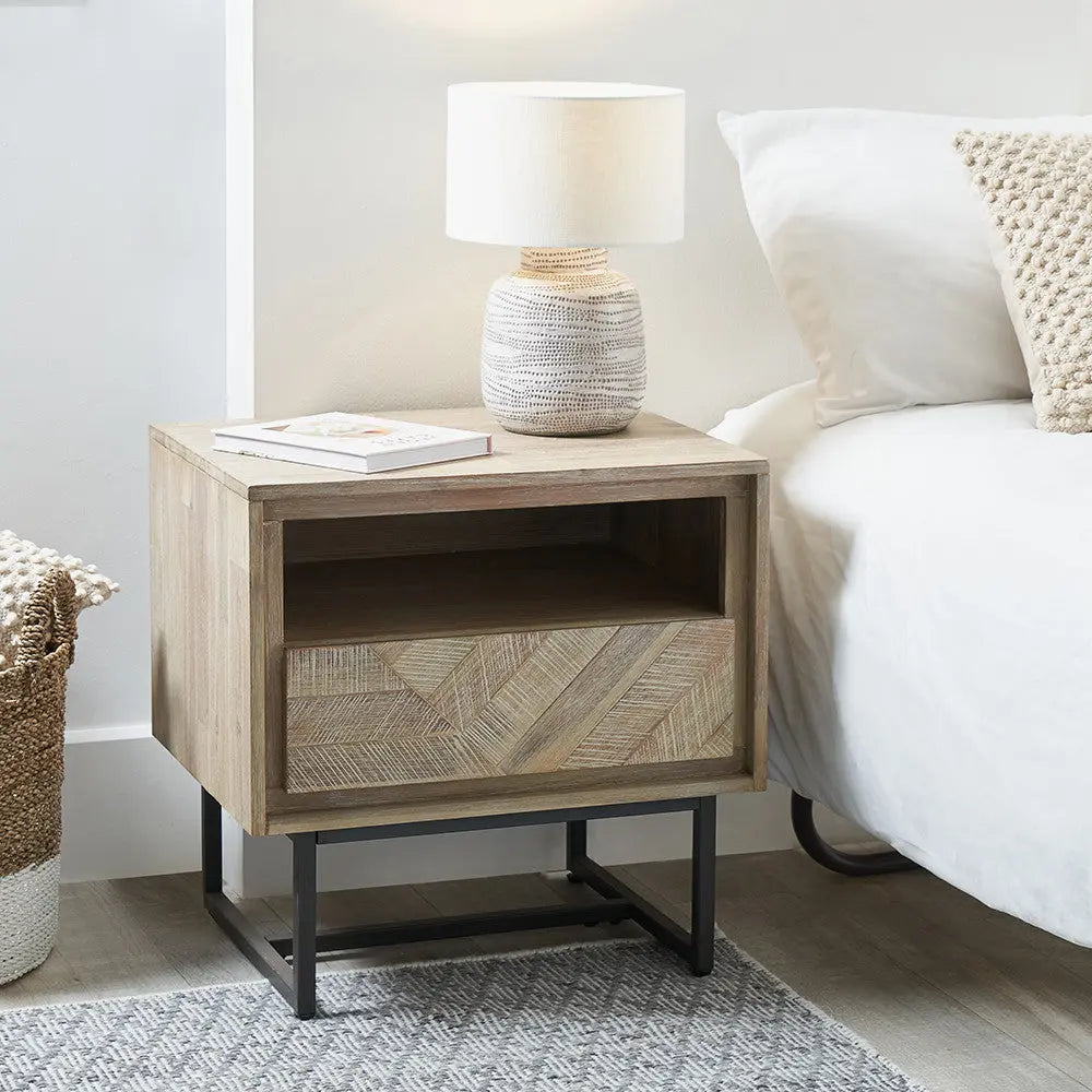 Marca Sand Wash Acacia Wood 1 Drawer 1 Shelf Unit  Nicholas John Interiors