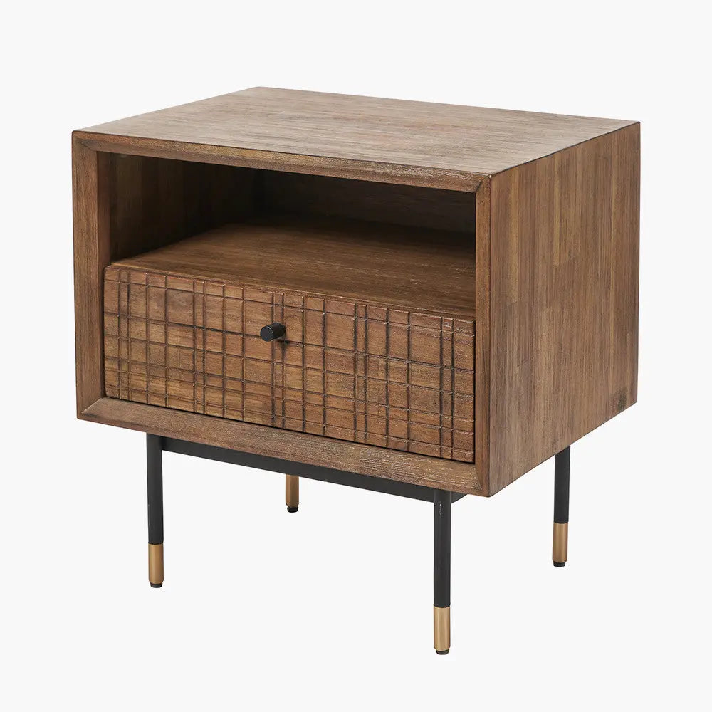 Arte Dark Brown Acacia Wood and Black Metal Bedside Unit  Nicholas John Interiors