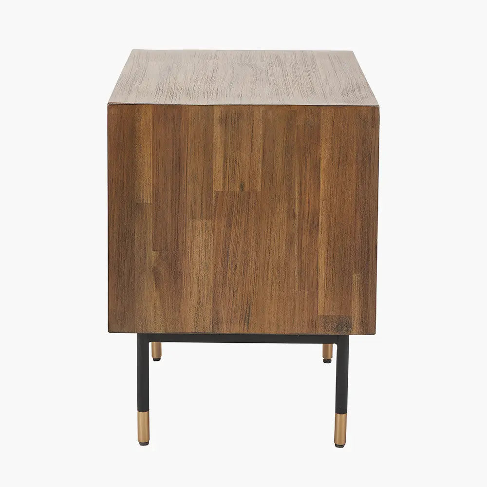 Arte Dark Brown Acacia Wood and Black Metal Bedside Unit  Nicholas John Interiors