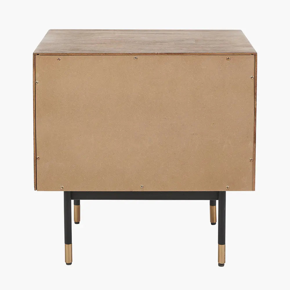 Arte Dark Brown Acacia Wood and Black Metal Bedside Unit  Nicholas John Interiors