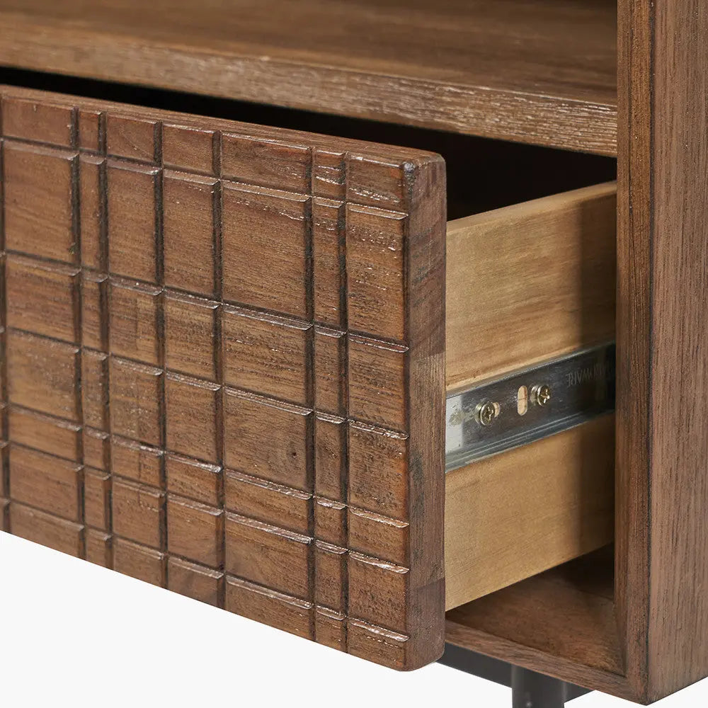 Arte Dark Brown Acacia Wood and Black Metal Bedside Unit  Nicholas John Interiors