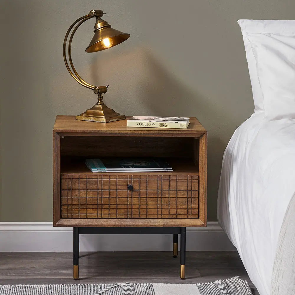 Arte Dark Brown Acacia Wood and Black Metal Bedside Unit  Nicholas John Interiors