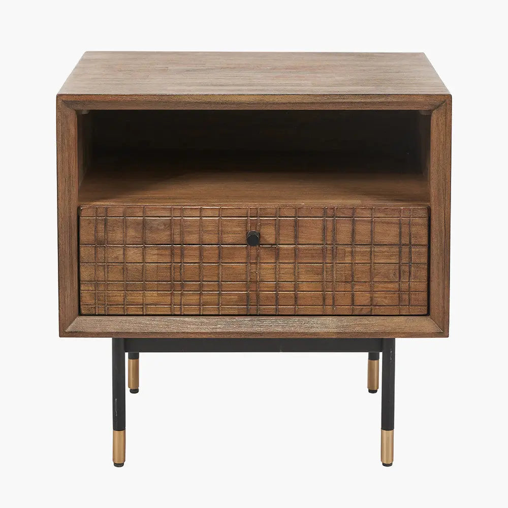 Arte Dark Brown Acacia Wood and Black Metal Bedside Unit  Nicholas John Interiors