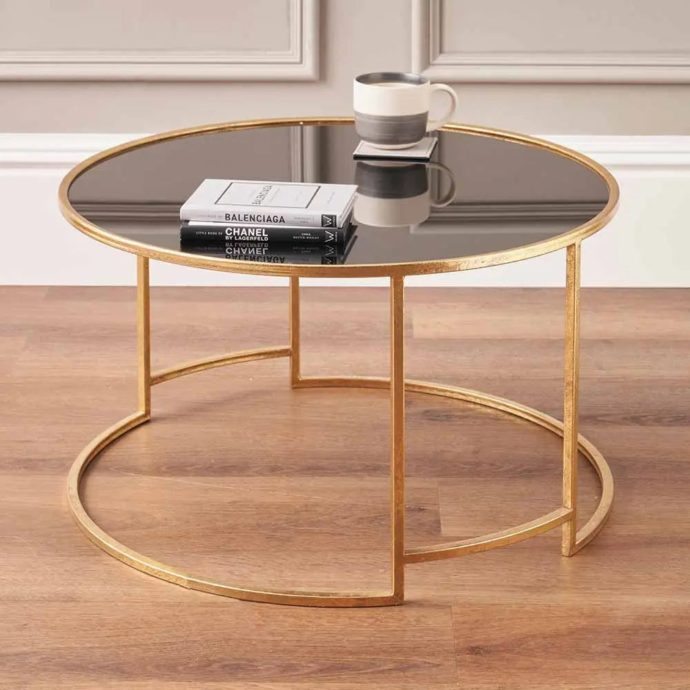 Veneziano Antique Gold Metal and Black Glass Coffee Table  Nicholas John Interiors