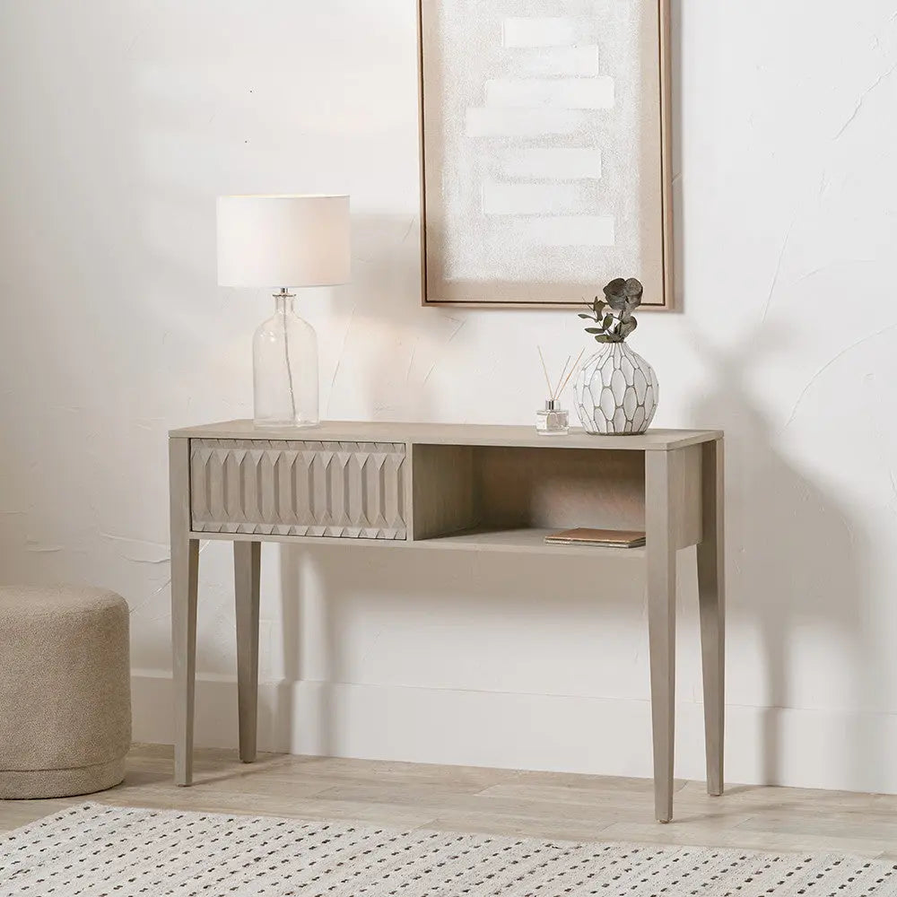Khao Light Grey Mango Wood 1 Drawer Console Table  Nicholas John Interiors