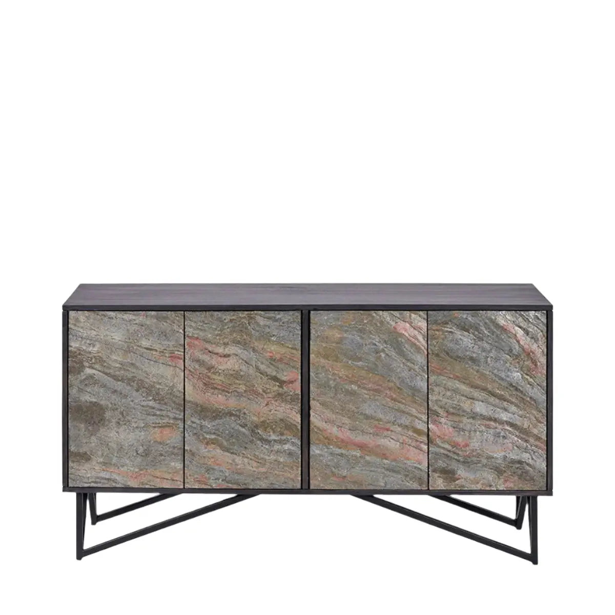 Verde Black Mango Wood and Stone Veneer 4 Door Sideboard  Nicholas John Interiors