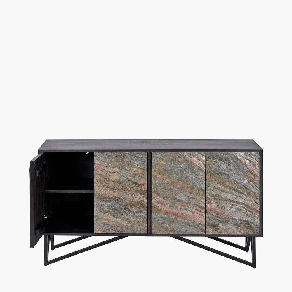 Verde Black Mango Wood and Stone Veneer 4 Door Sideboard  Nicholas John Interiors