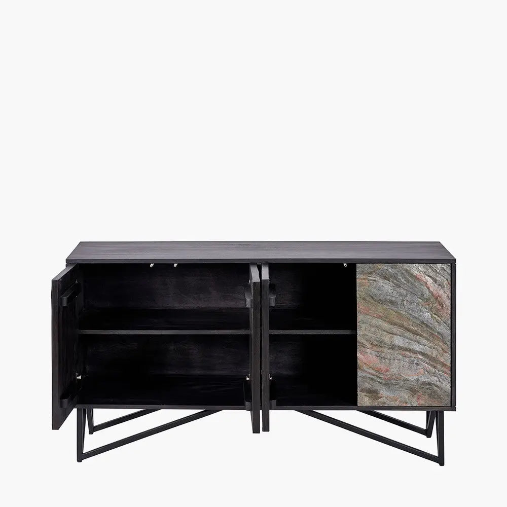 Verde Black Mango Wood and Stone Veneer 4 Door Sideboard  Nicholas John Interiors