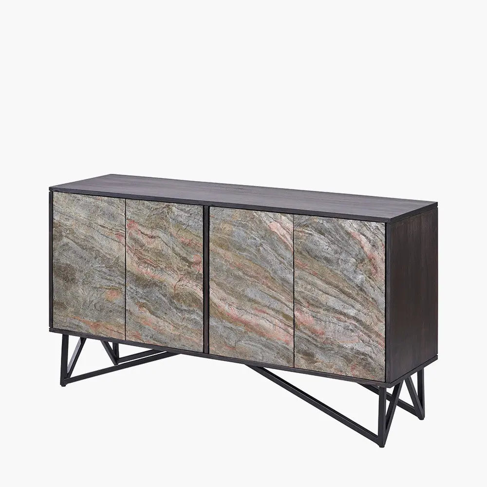Verde Black Mango Wood and Stone Veneer 4 Door Sideboard  Nicholas John Interiors