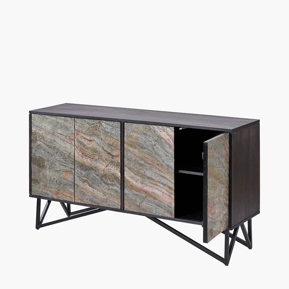 Verde Black Mango Wood and Stone Veneer 4 Door Sideboard  Nicholas John Interiors