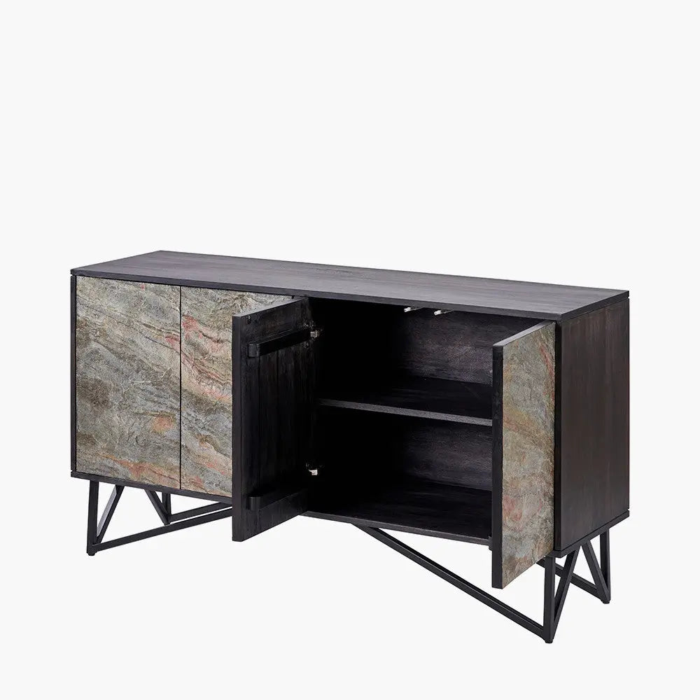 Verde Black Mango Wood and Stone Veneer 4 Door Sideboard  Nicholas John Interiors