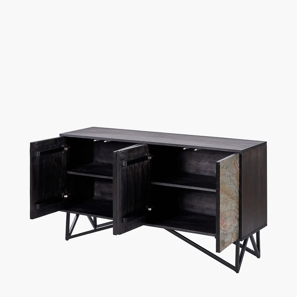 Verde Black Mango Wood and Stone Veneer 4 Door Sideboard  Nicholas John Interiors