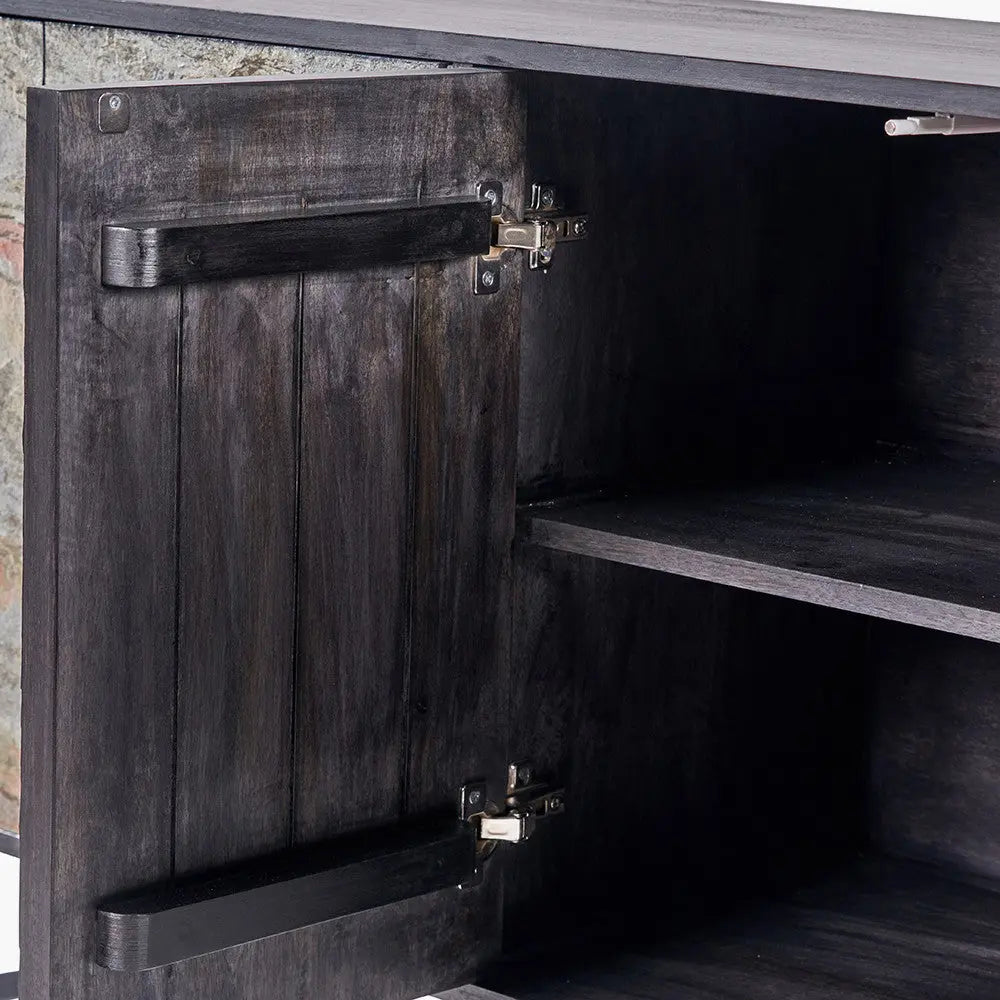 Verde Black Mango Wood and Stone Veneer 4 Door Sideboard  Nicholas John Interiors