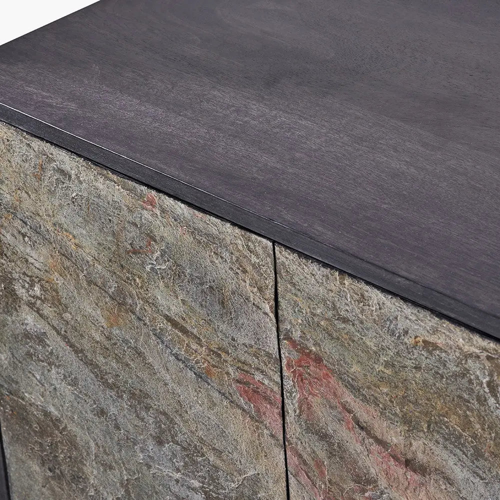 Verde Black Mango Wood and Stone Veneer 4 Door Sideboard  Nicholas John Interiors