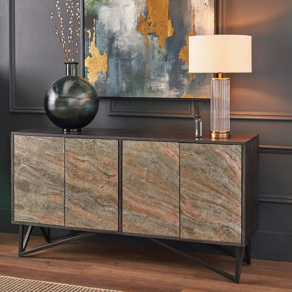 Verde Black Mango Wood and Stone Veneer 4 Door Sideboard  Nicholas John Interiors