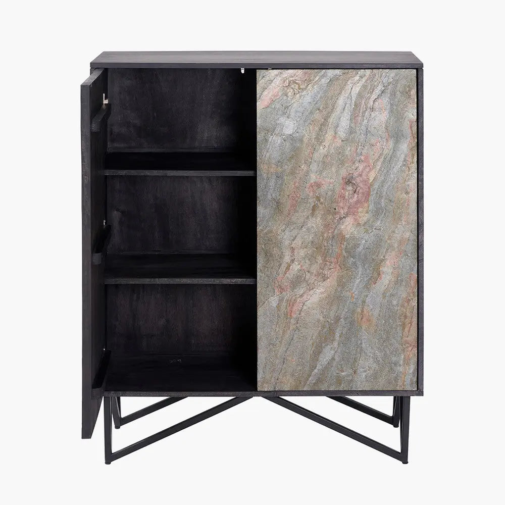 Verde Black Mango Wood and Stone Veneer 2 Door Bar Cabinet  Nicholas John Interiors