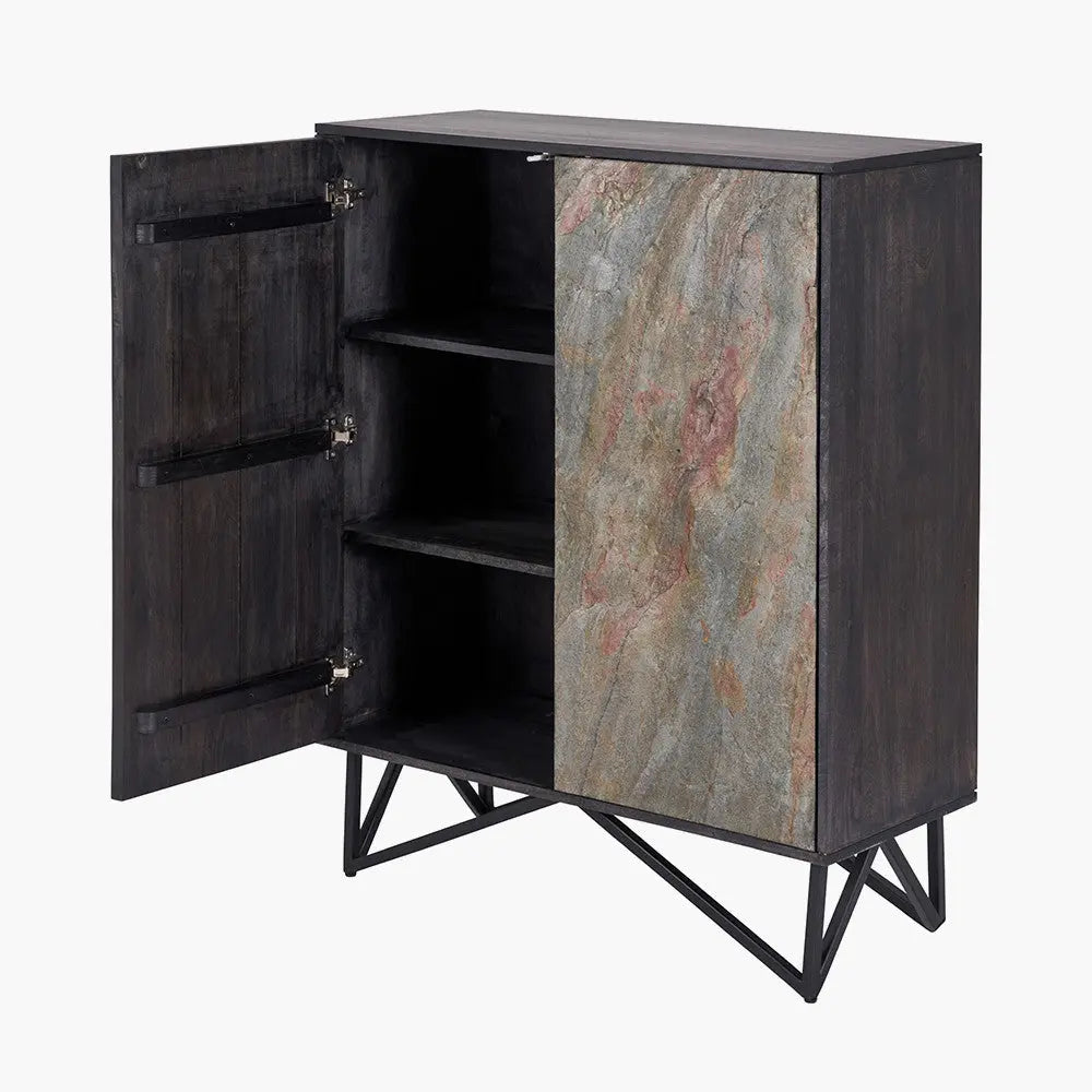 Verde Black Mango Wood and Stone Veneer 2 Door Bar Cabinet  Nicholas John Interiors