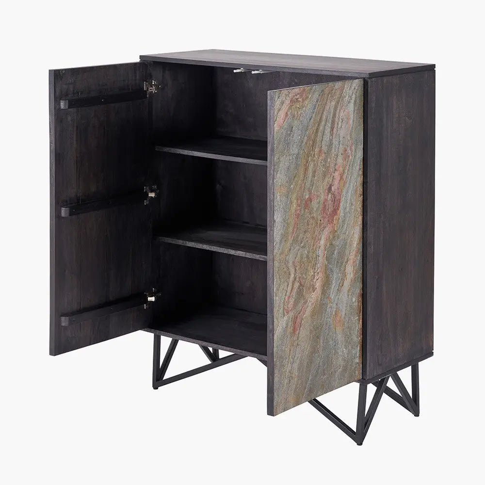Verde Black Mango Wood and Stone Veneer 2 Door Bar Cabinet  Nicholas John Interiors