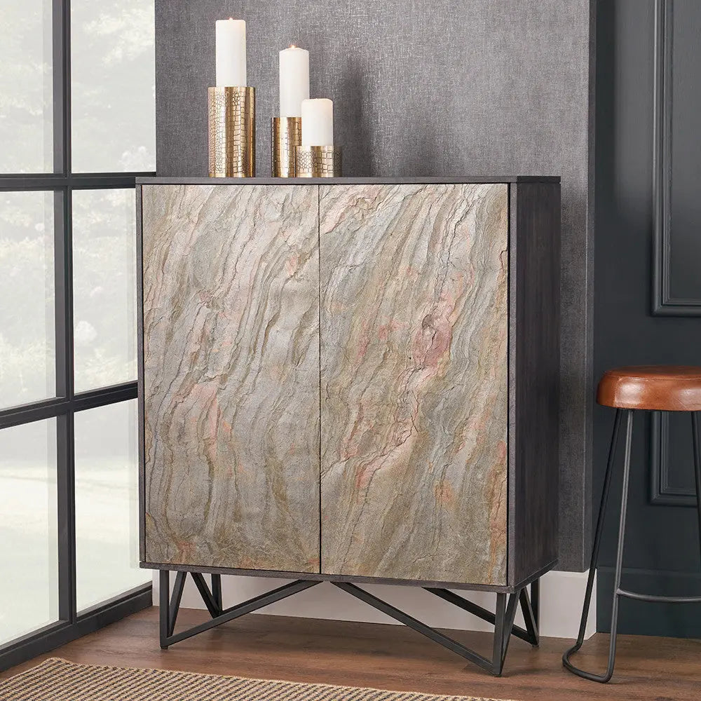 Verde Black Mango Wood and Stone Veneer 2 Door Bar Cabinet  Nicholas John Interiors