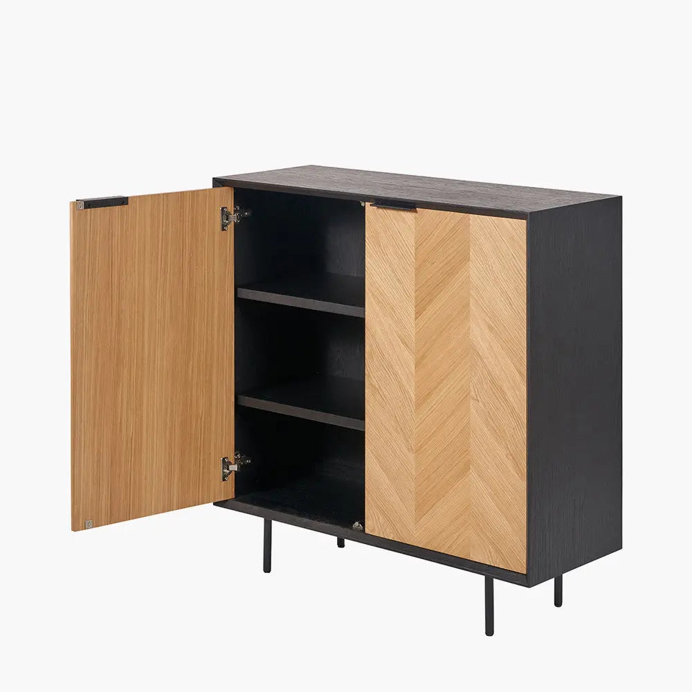 Hailee Black and Natural Chevron Oak and Pine Wood 2 Door Bar Cabinet  Nicholas John Interiors