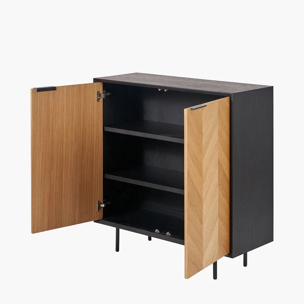 Hailee Black and Natural Chevron Oak and Pine Wood 2 Door Bar Cabinet  Nicholas John Interiors