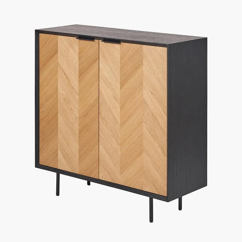 Hailee Black and Natural Chevron Oak and Pine Wood 2 Door Bar Cabinet  Nicholas John Interiors