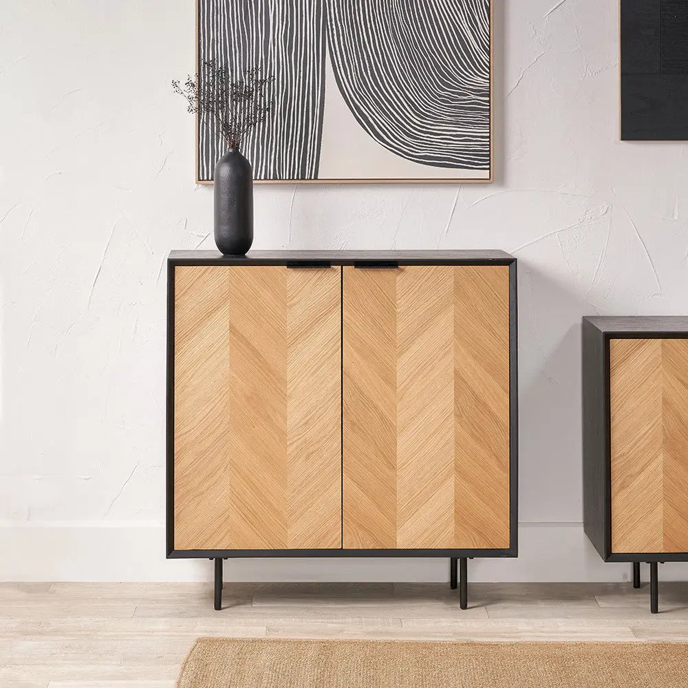 Hailee Black and Natural Chevron Oak and Pine Wood 2 Door Bar Cabinet  Nicholas John Interiors