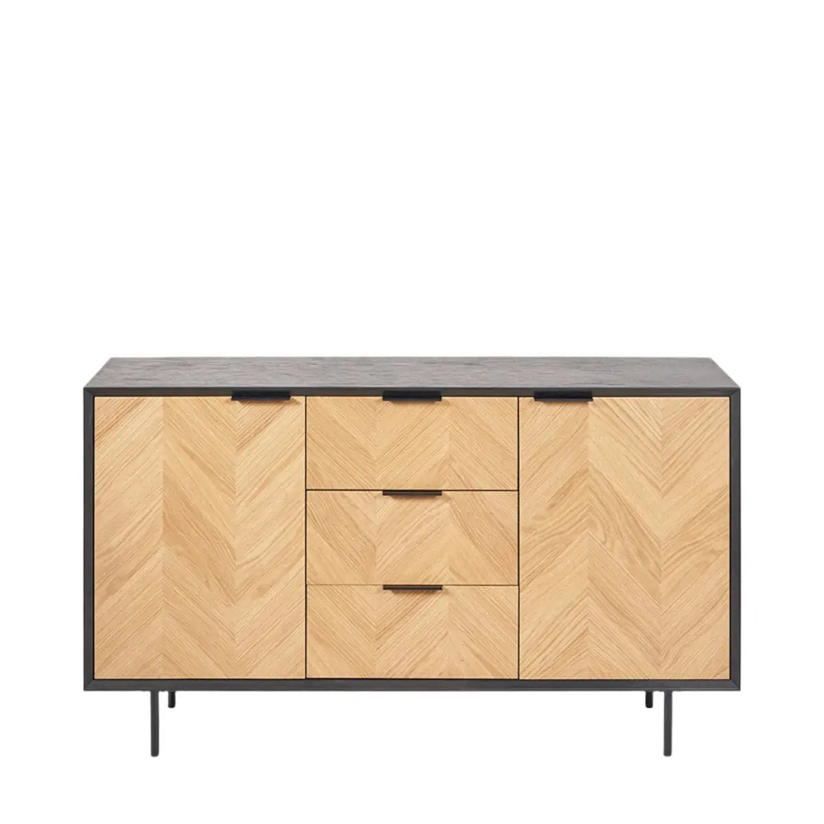 Hailee Black and Natural Chevron Oak and Pine Wood 2 Door 3 Drawer Sideboard  Nicholas John Interiors