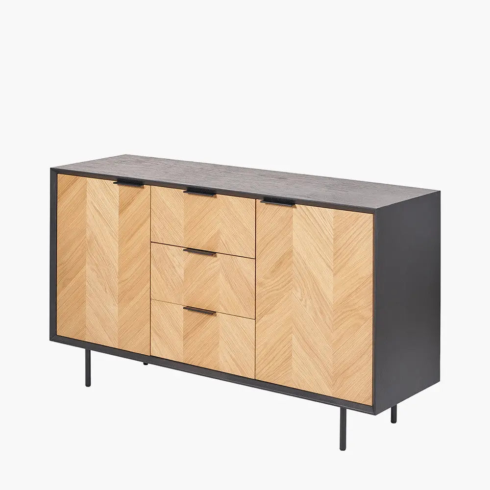 Hailee Black and Natural Chevron Oak and Pine Wood 2 Door 3 Drawer Sideboard  Nicholas John Interiors