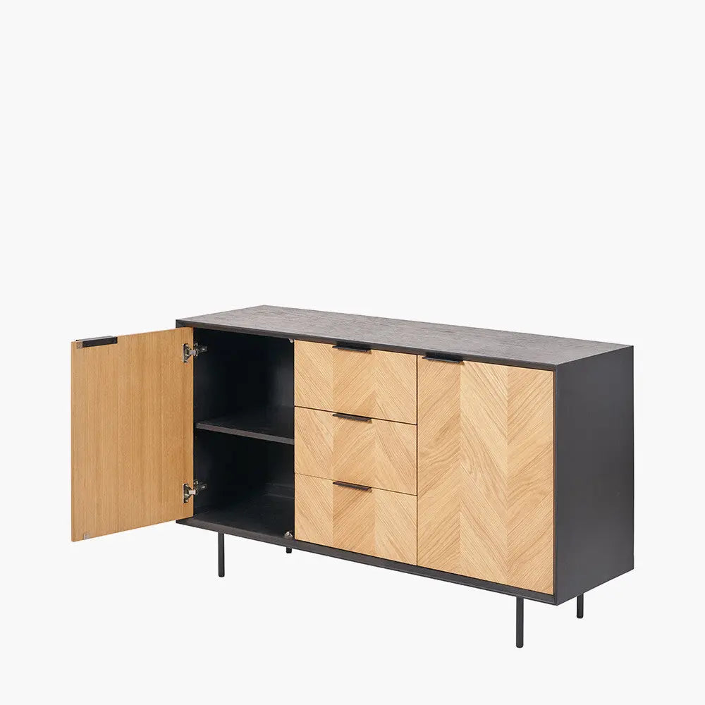 Hailee Black and Natural Chevron Oak and Pine Wood 2 Door 3 Drawer Sideboard  Nicholas John Interiors