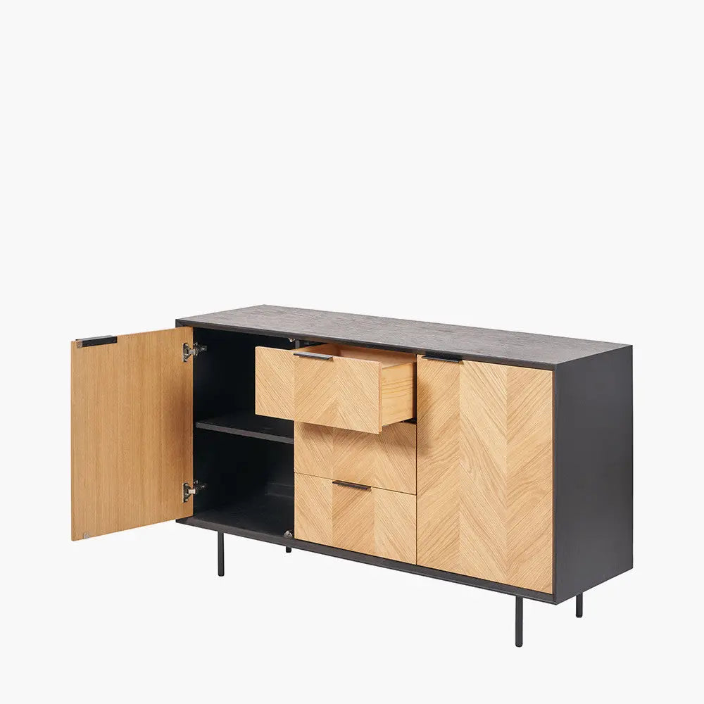 Hailee Black and Natural Chevron Oak and Pine Wood 2 Door 3 Drawer Sideboard  Nicholas John Interiors