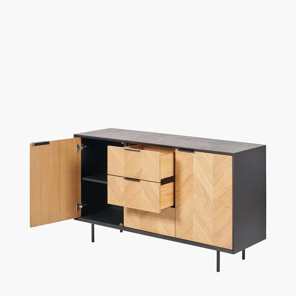 Hailee Black and Natural Chevron Oak and Pine Wood 2 Door 3 Drawer Sideboard  Nicholas John Interiors