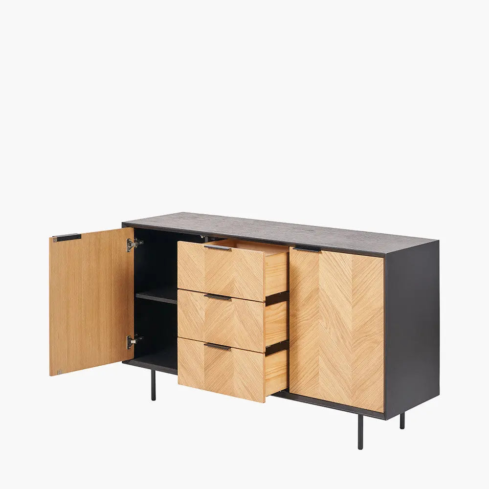 Hailee Black and Natural Chevron Oak and Pine Wood 2 Door 3 Drawer Sideboard  Nicholas John Interiors