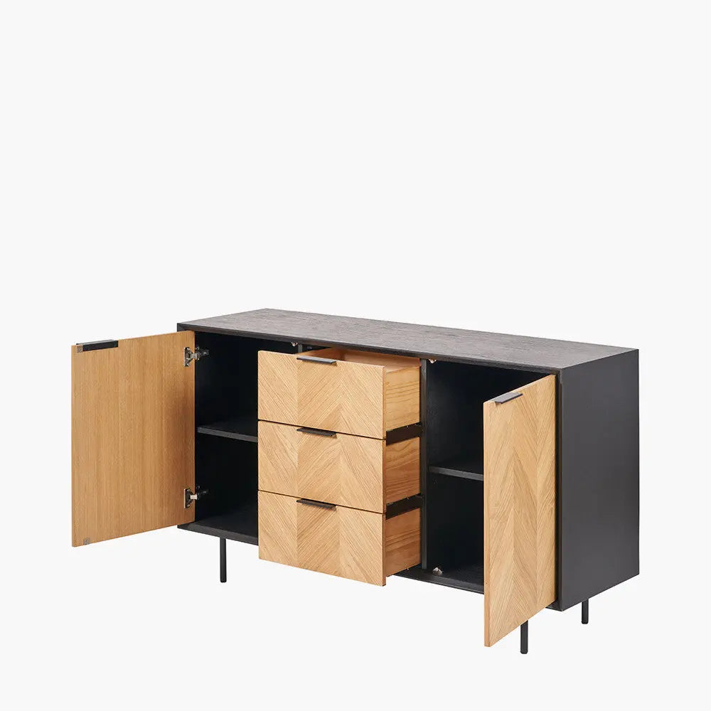 Hailee Black and Natural Chevron Oak and Pine Wood 2 Door 3 Drawer Sideboard  Nicholas John Interiors