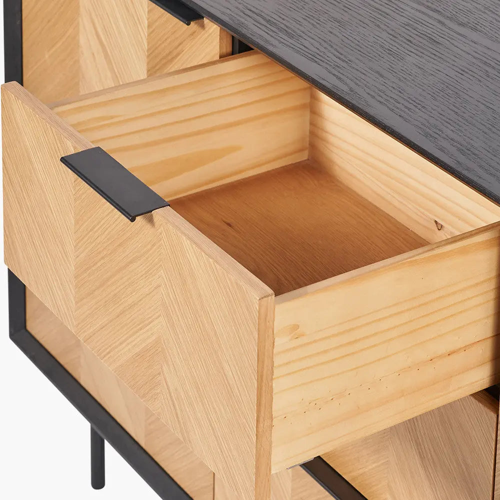 Hailee Black and Natural Chevron Oak and Pine Wood 2 Door 3 Drawer Sideboard  Nicholas John Interiors
