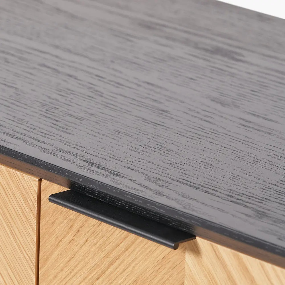Hailee Black and Natural Chevron Oak and Pine Wood 2 Door 3 Drawer Sideboard  Nicholas John Interiors