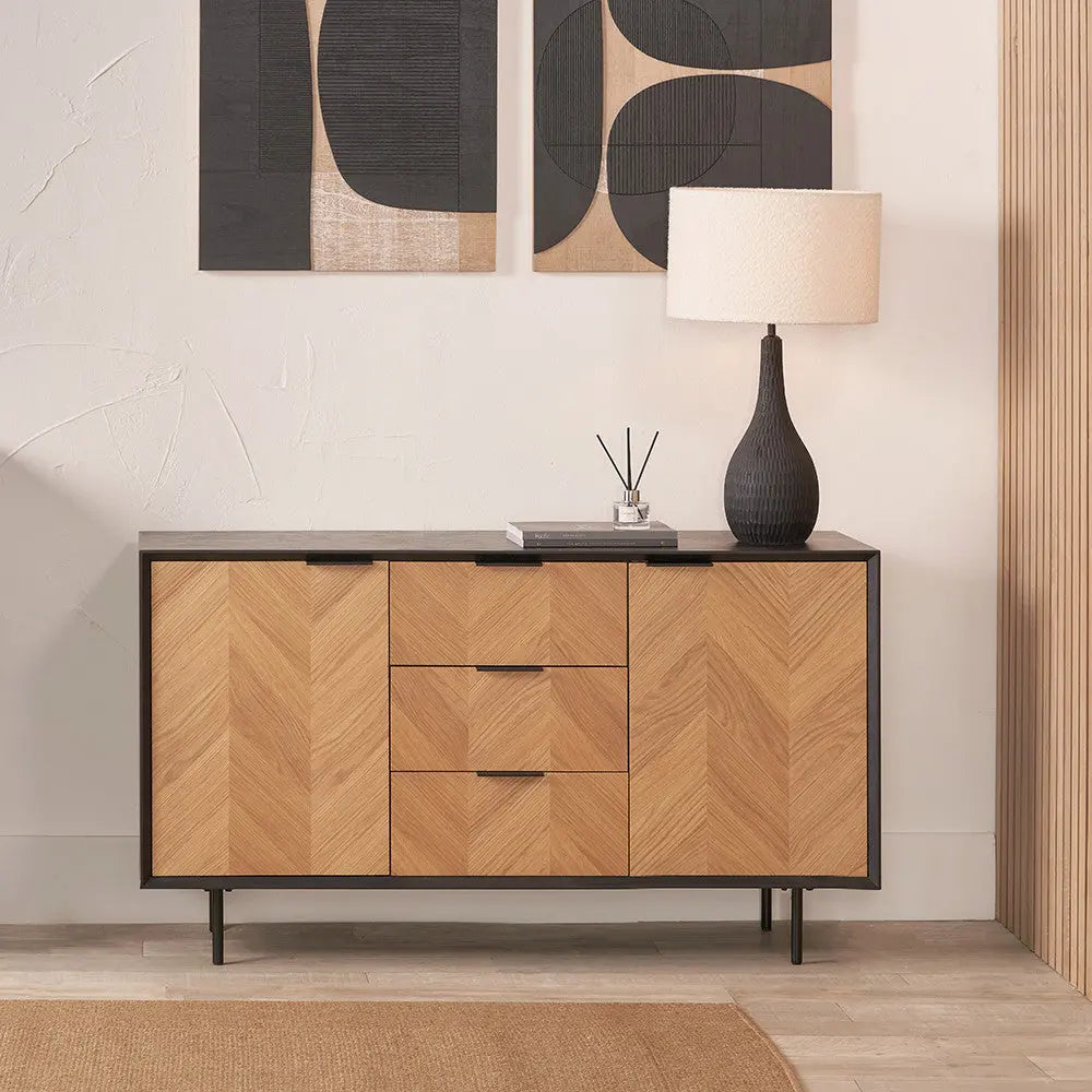 Hailee Black and Natural Chevron Oak and Pine Wood 2 Door 3 Drawer Sideboard  Nicholas John Interiors
