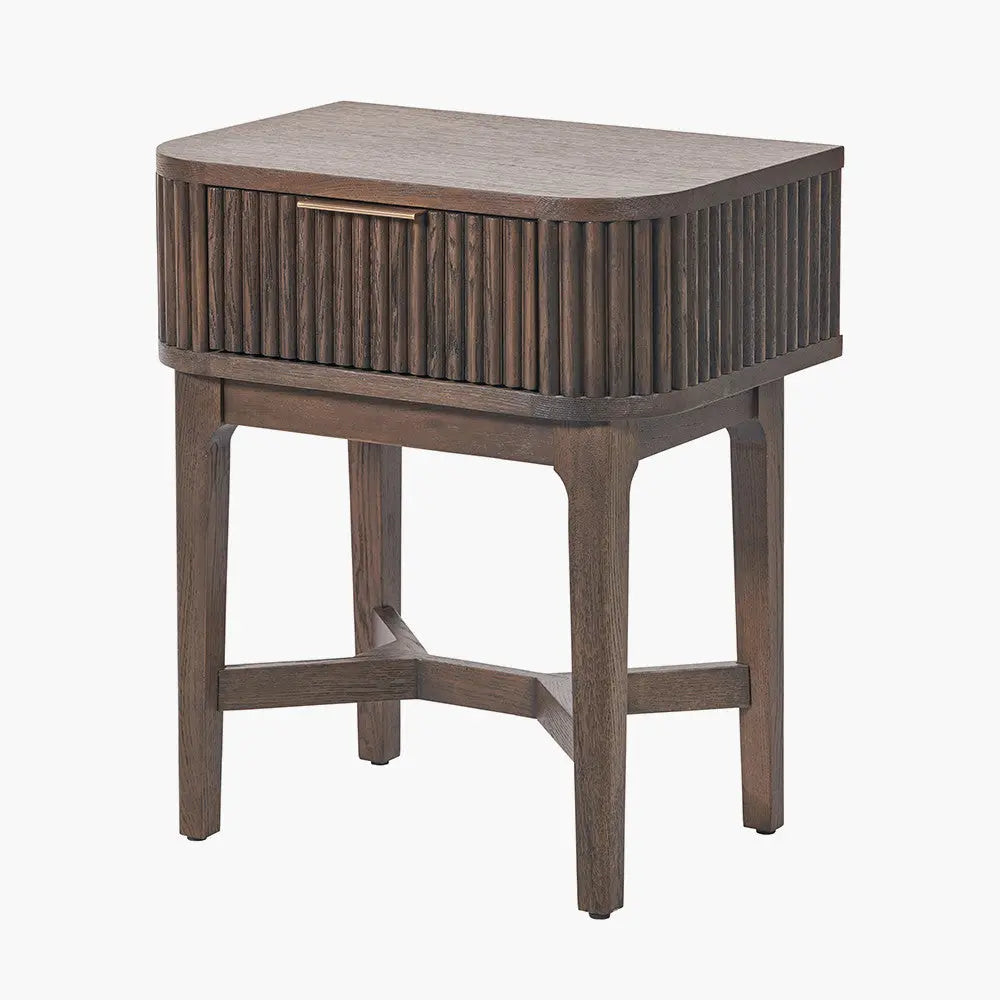 Raie Dark Brown Ribbed Oak and Pine Wood 1 Drawer Unit  Nicholas John Interiors
