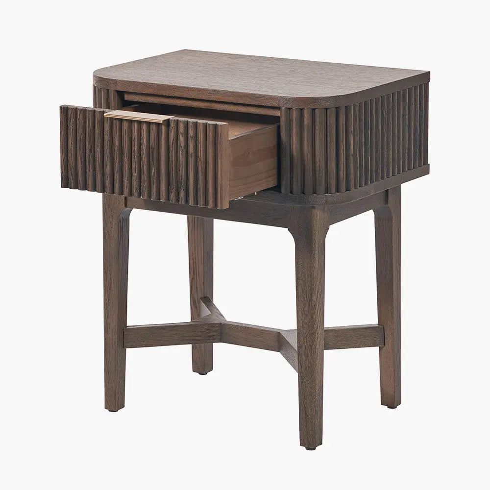 Raie Dark Brown Ribbed Oak and Pine Wood 1 Drawer Unit  Nicholas John Interiors