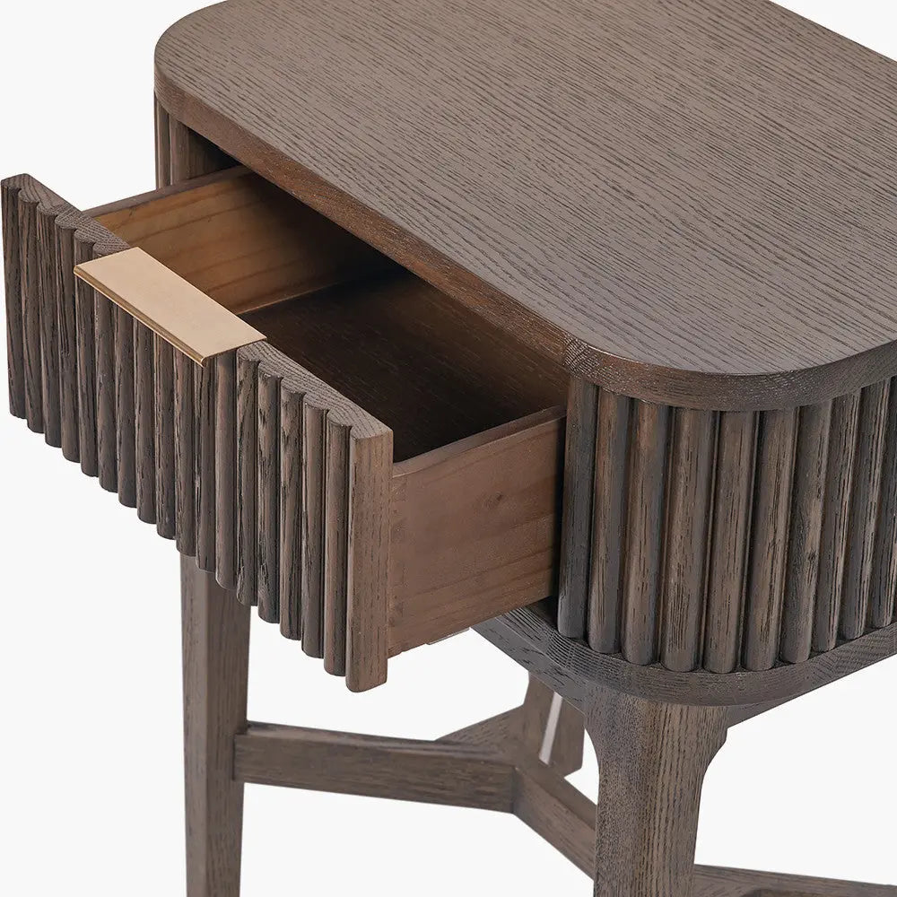 Raie Dark Brown Ribbed Oak and Pine Wood 1 Drawer Unit  Nicholas John Interiors