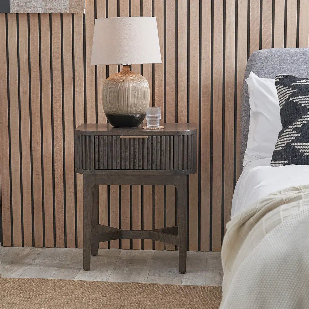 Raie Dark Brown Ribbed Oak and Pine Wood 1 Drawer Unit  Nicholas John Interiors