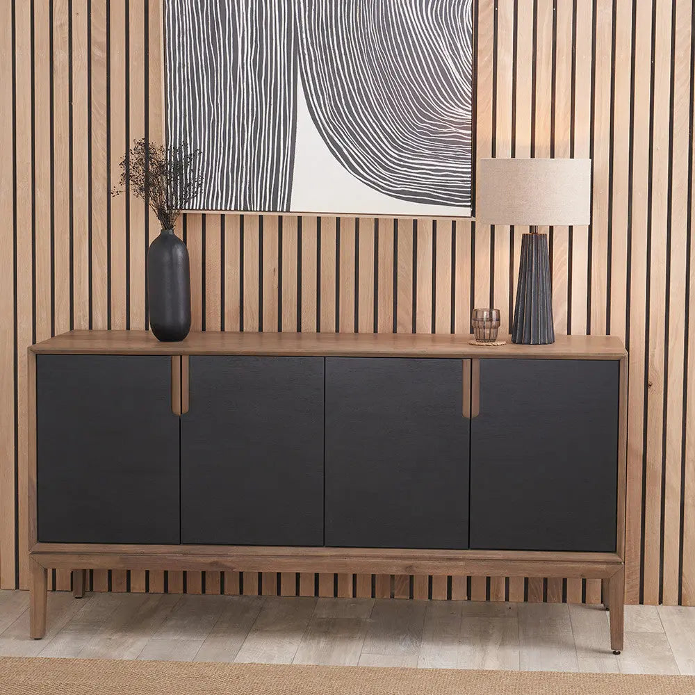 Gio Black and Natural Acacia Wood 4 Door Sideboard  Nicholas John Interiors