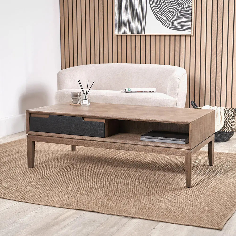 Gio Black and Natural Acacia Wood 2 Drawer Coffee Table  Nicholas John Interiors