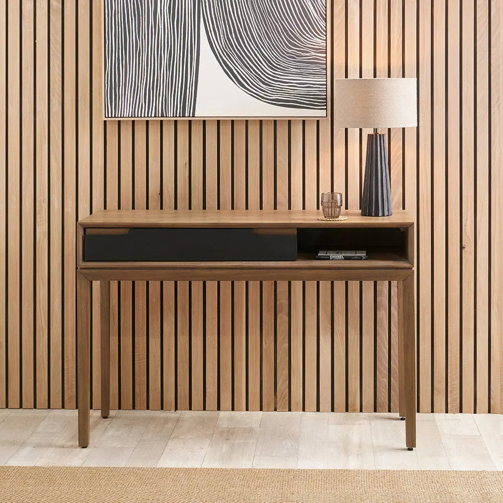 Gio Black and Natural Acacia Wood 1 Drawer Console Table  Nicholas John Interiors