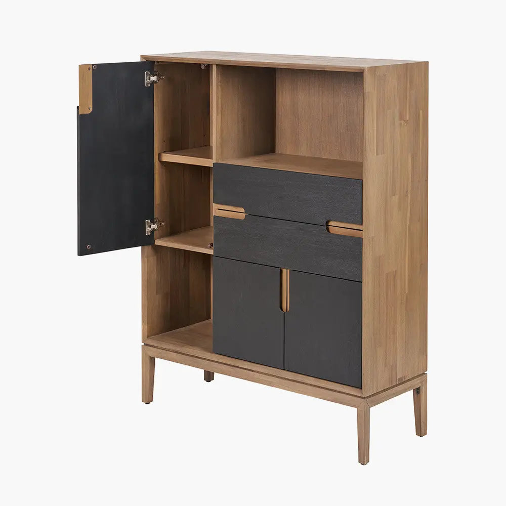 Gio Black and Natural Acacia Wood 3 Door, 2 Drawer, 2 Niche Shelf Unit  Nicholas John Interiors